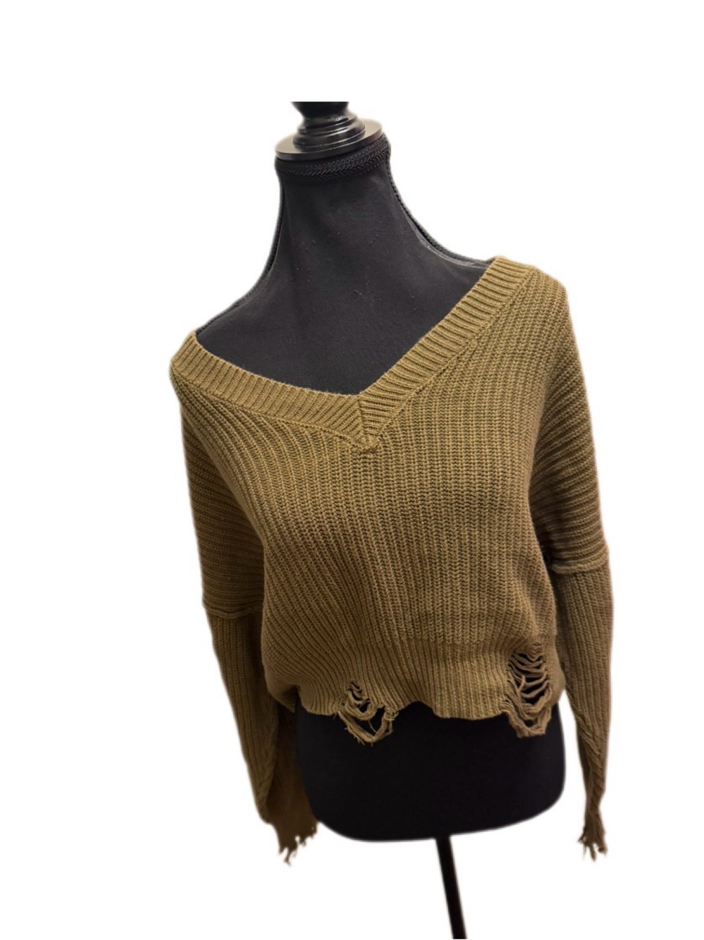 Forever 21 Women’s Distressed V-Neck Knit Sweater - Olive
